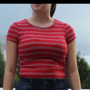 Red t shirt with thin dark blue and white stripes